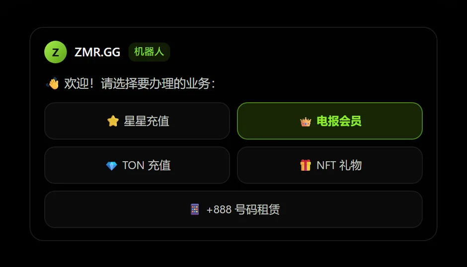 Telegram 机器人主菜单：星星充值、电报会员、TON 充值、NFT 礼物、+888 号码租赁