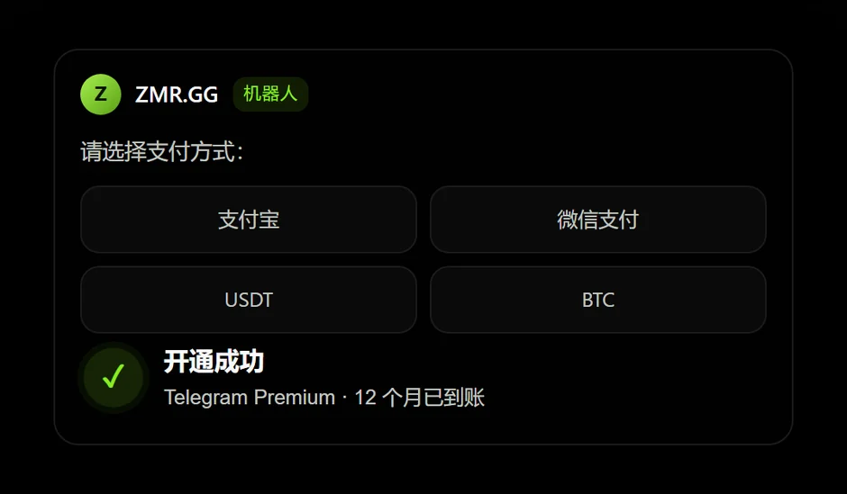 选择支付宝、微信、USDT 或 BTC 付款，Telegram Premium 开通成功到账提示