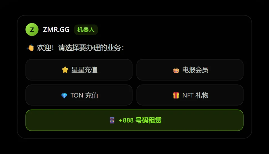 Telegram 机器人主菜单：选择 +888 号码租赁
