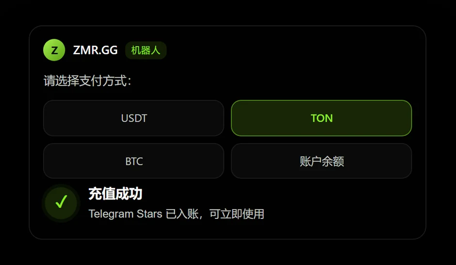 选择加密货币付款，Telegram Stars 秒级到账提示