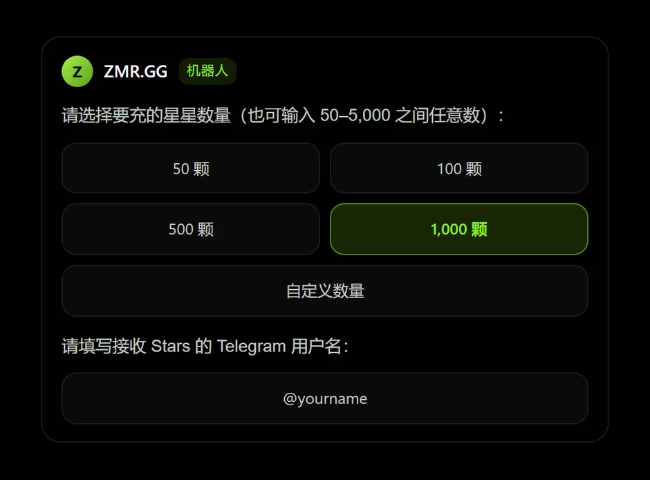 在机器人内选择 Telegram Stars 充值数量并填写接收用户名